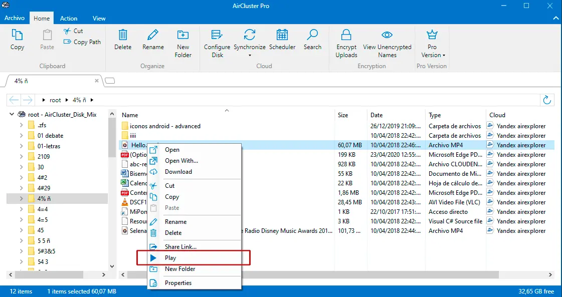 Ventana de Air Cluster para reproducir un vídeo directamente desde la nube