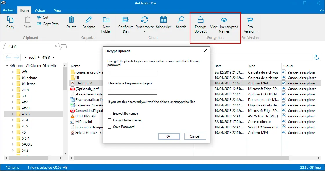 Opciones de Air Cluster para gestionar archivos cifrados y solicitar una contraseña al iniciar