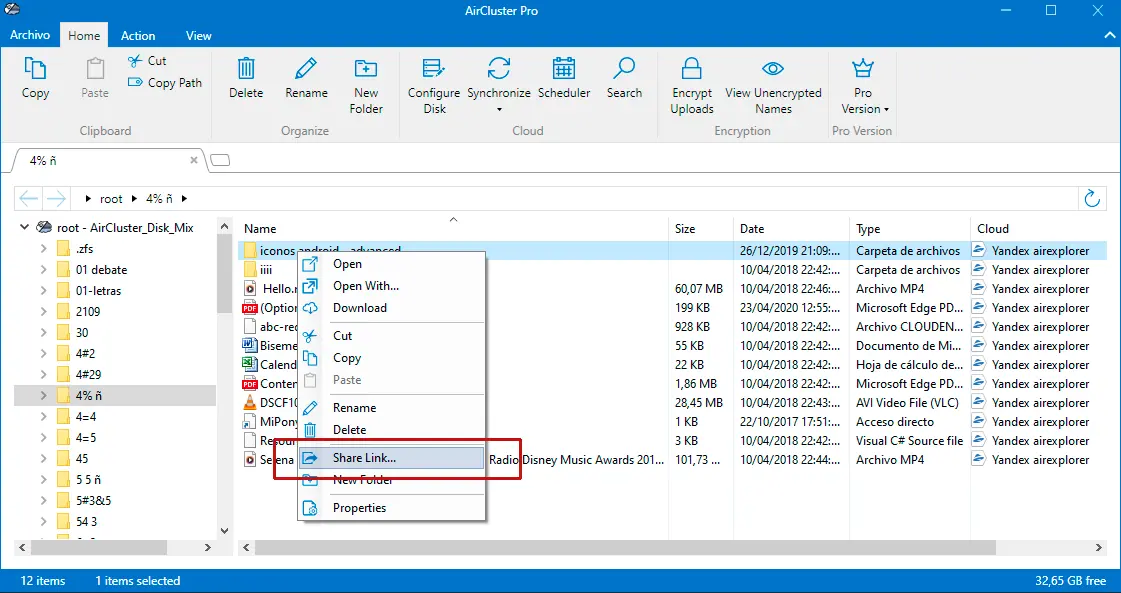 Ventana de Air Cluster para crear y compartir un enlace de archivo