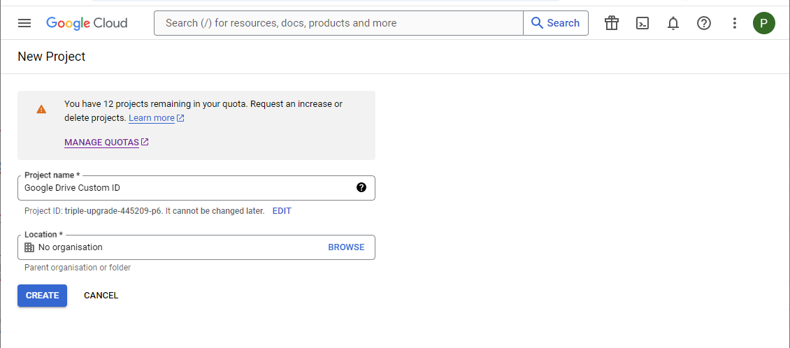 Google Cloud project name dialog