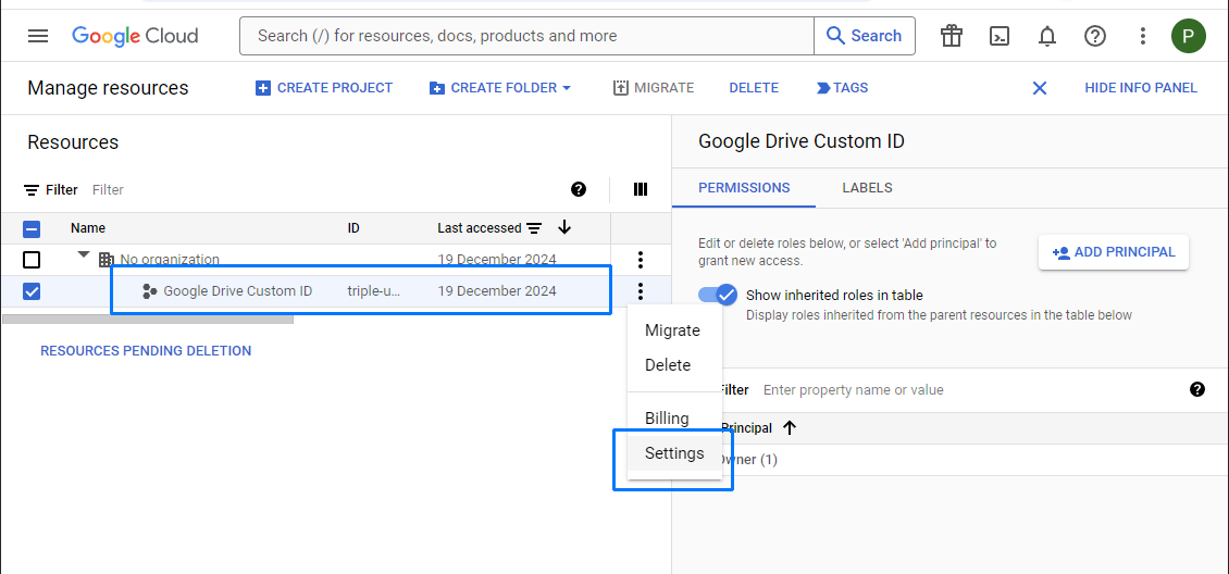 Google Cloud project settings