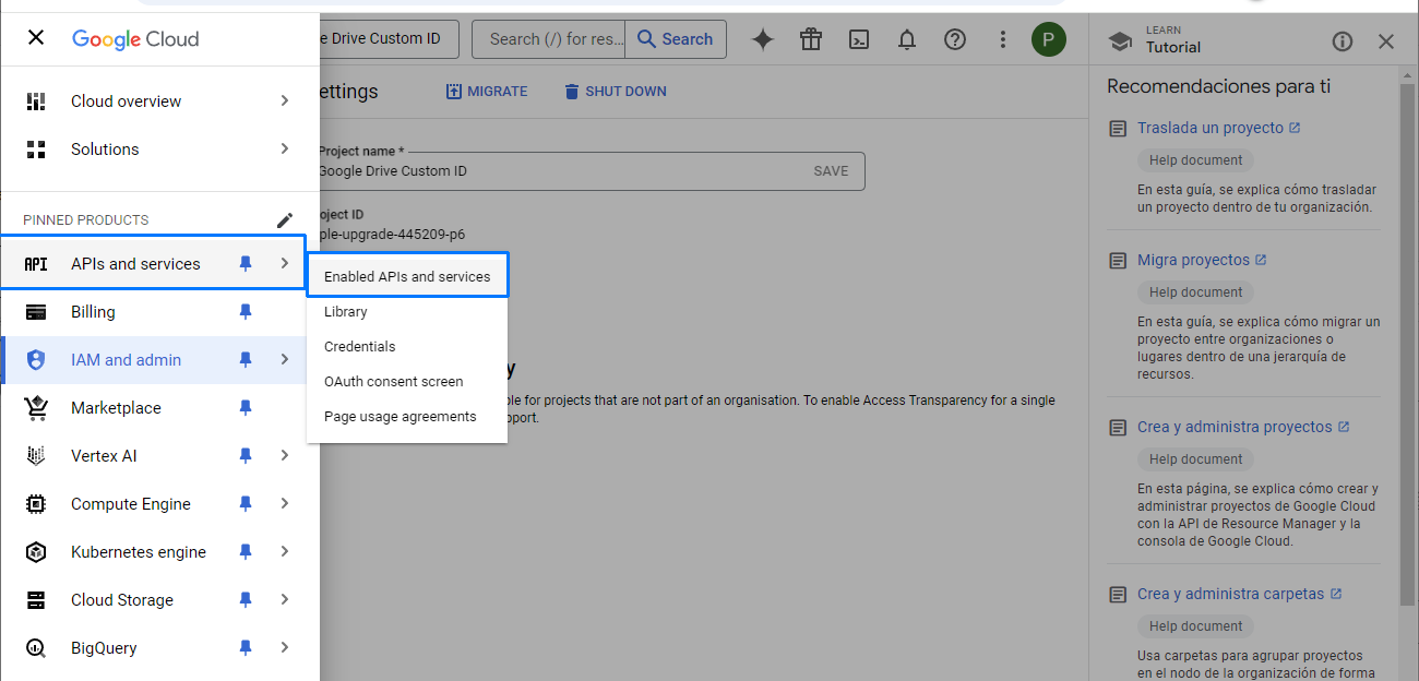 Enabled APIs and services page