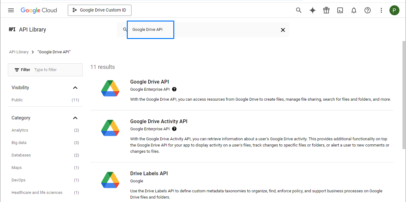 Google Drive API detail page