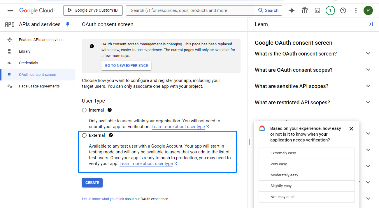 OAuth consent screen user type selection