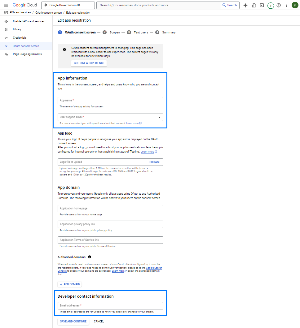 OAuth consent screen app information form