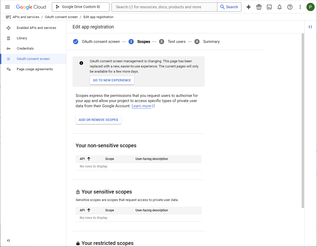 Add or remove OAuth scopes button