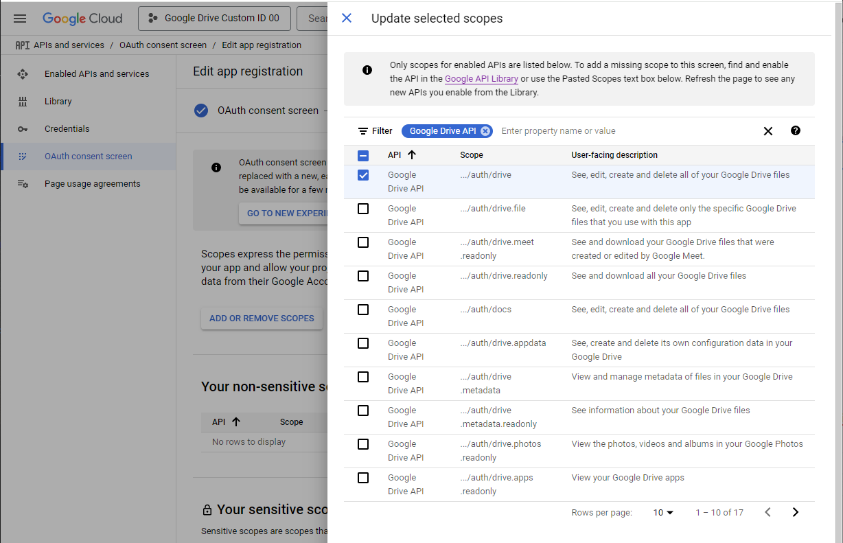 Saving OAuth consent screen scope settings