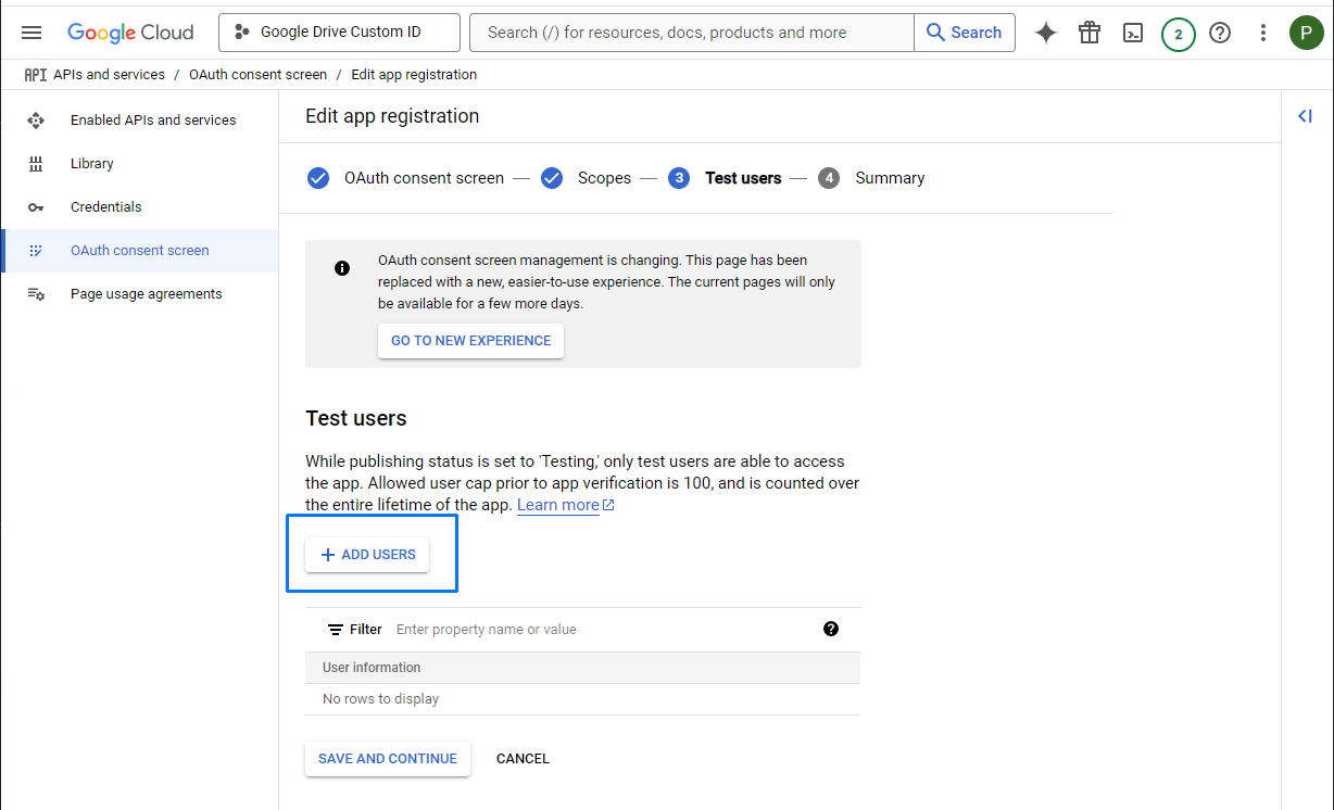 Google Cloud test users section