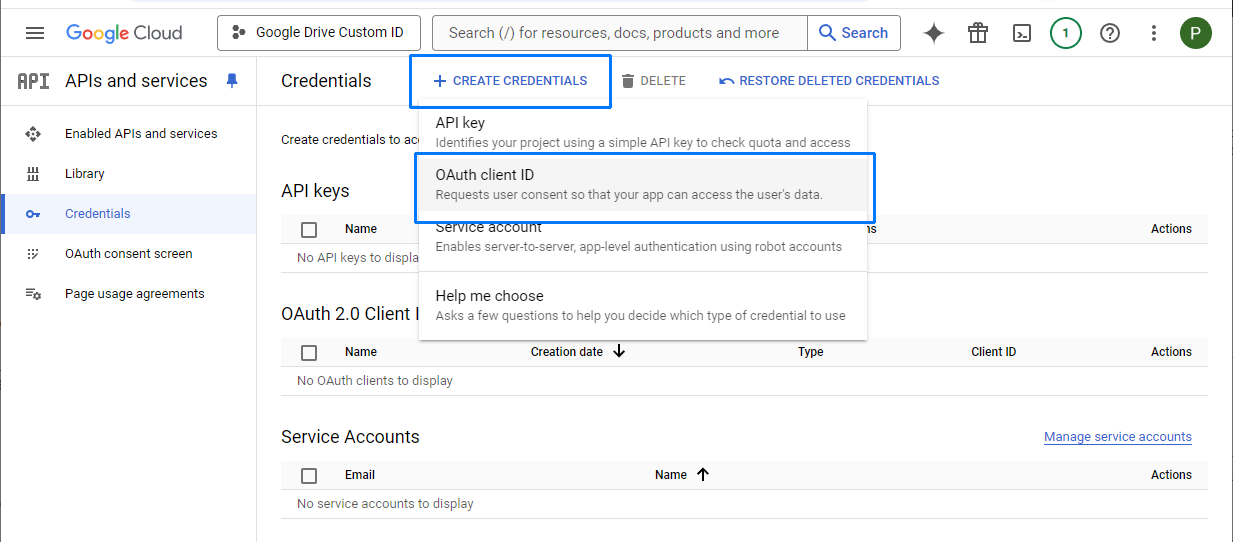 Google Cloud Create Credentials menu