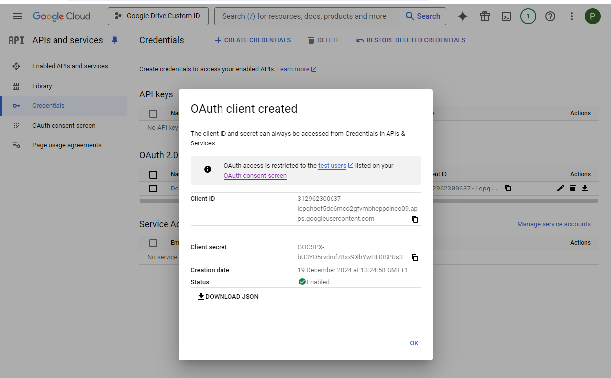 Created OAuth client ID and secret