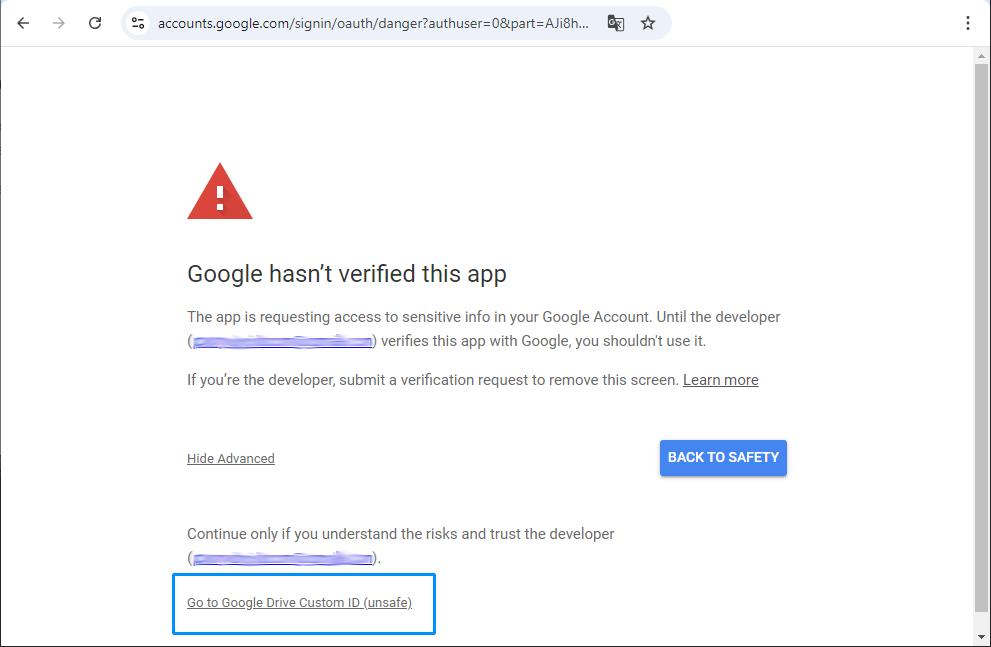Google custom client access confirmation