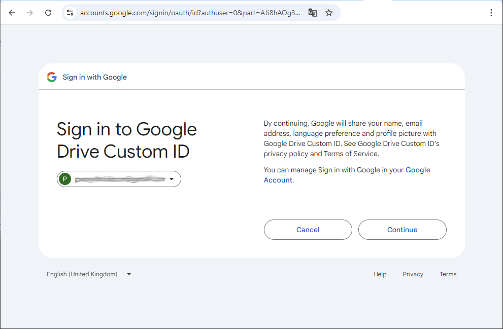 Google Drive authorization continue button