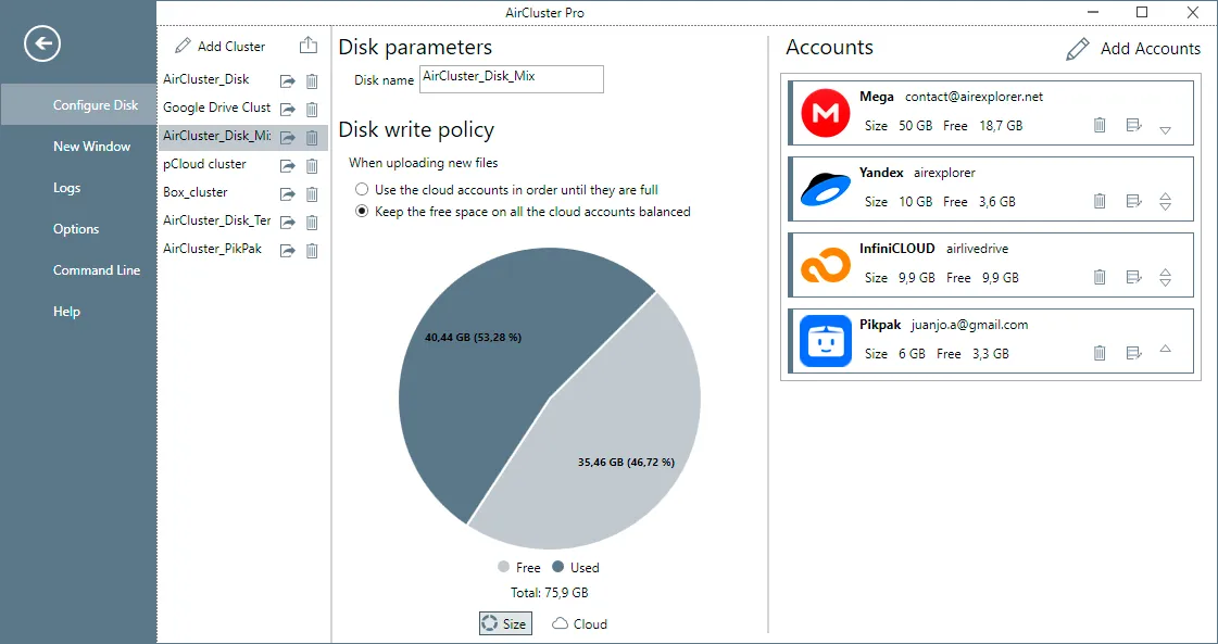 By connecting your services (Google Drive, Dropbox, OneDrive) Air Cluster merges them into a single storage space.