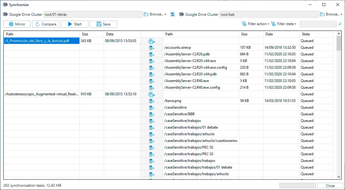 Pantalla de sincronización para transferir archivos en Air Cluster
