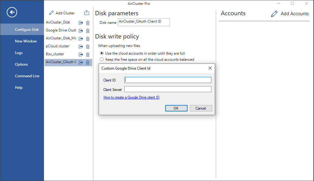 Air Cluster form for Google OAuth client ID and secret