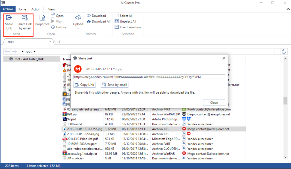 Manage your files in a cloud cluster: shared a link