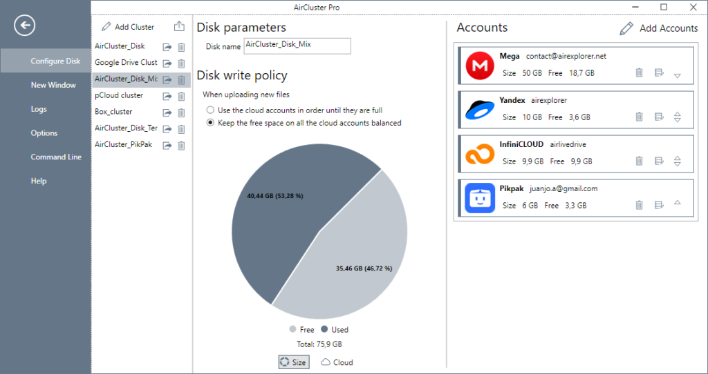 By connecting your services  (Google Drive, Dropbox, OneDrive) Air Cluster merges them into a single storage space.