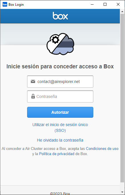 Añade tu usuario y contraseña para añadir tu cuenta de Box a Air Clsuter