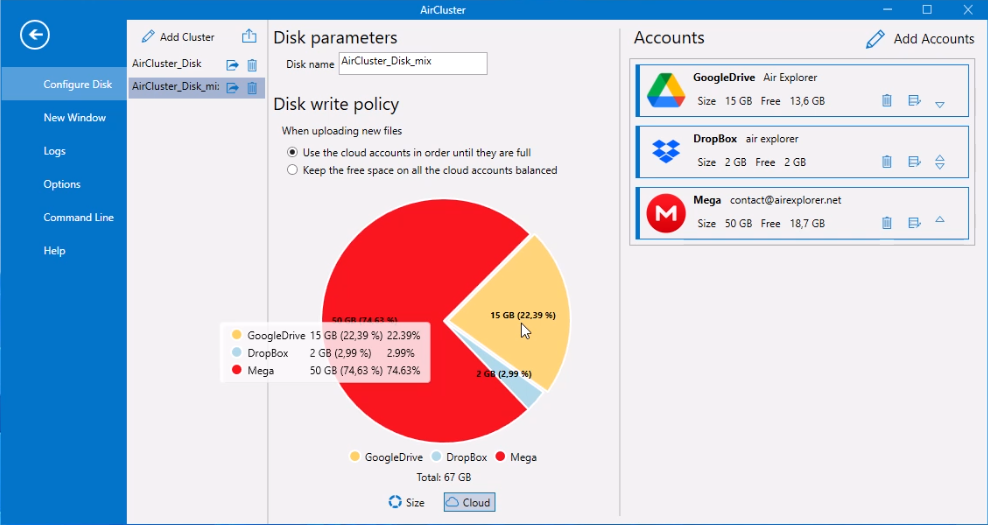 Air Cluster mostrará el almacenamiento total combinado de todas tus nubes conectadas.